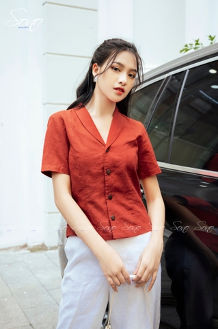 SONO - Áo linen cổ vest tay ngắn