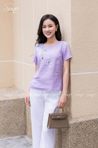 SONO - Áo linen tay ngắn thêu hoa mắc cỡ