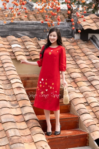SONO - Đầm linen tay lỡ thêu hoa cỏ