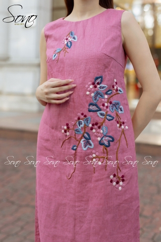 SONO - Đầm linen sát nách thêu hoa chấm màu