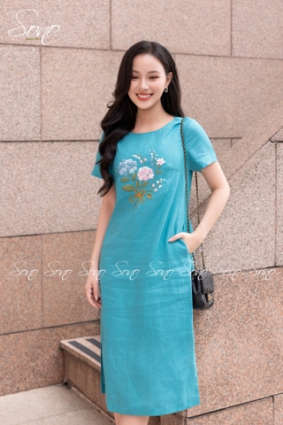SONO - Đầm linen có tay thêu bó hoa tú cầu