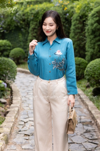 SONO - Áo sơ mi linen thêu nụ hoa