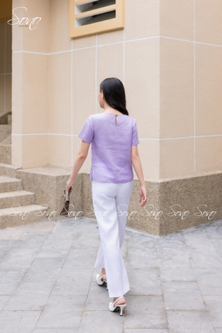 SONO - Áo linen tay ngắn thêu hoa mắc cỡ