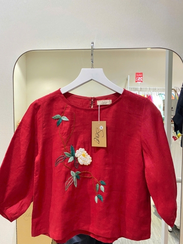 SONO - Áo linen tay lồng đèn thêu nhánh hoa trắng