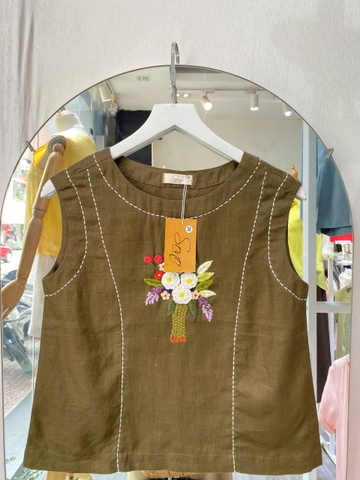 SONO - Áo linen sát nách đột chỉ thêu bó hoa