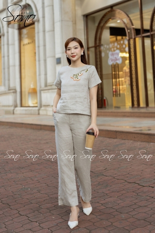 SONO - Bộ dài linen thêu cành hoa ngực