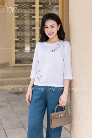 SONO - Áo linen tay lỡ thêu hoa tím đối xứng