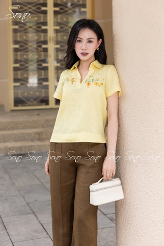 SONO - Áo sơ mi linen tay ngắn thêu ngang ngực