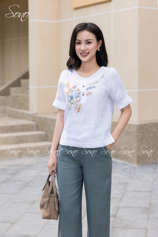 SONO - Áo linen cổ trứng tay lật lai