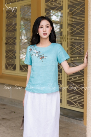 SONO - Áo linen cổ tròn thêu chùm hoa ngâu