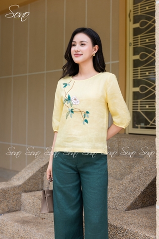 SONO - Áo linen tay lồng đèn thêu nhánh hoa trắng