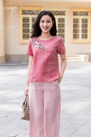 SONO - Áo linen cổ tròn thêu chùm hoa ngâu