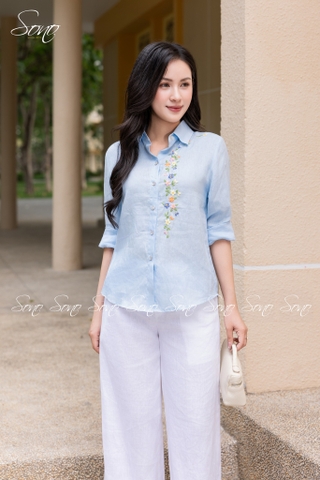 SONO - Áo sơ mi linen dài tay thêu hoa nhí pastel