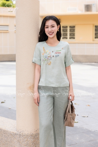 SONO - Áo linen cổ trứng tay lật lai