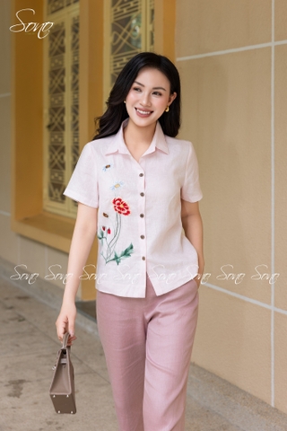 SONO - Áo sơ mi linen tay ngắn thêu hoa