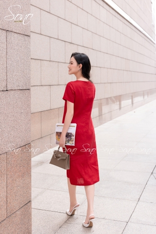 SONO - Đầm linen có tay thêu bó hoa tú cầu