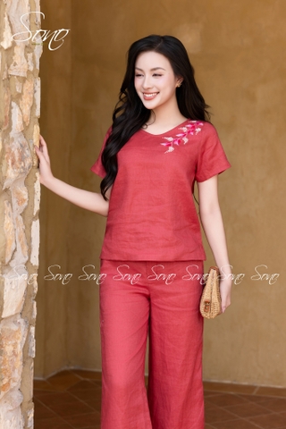 SONO - Bộ linen cổ tim thêu lá