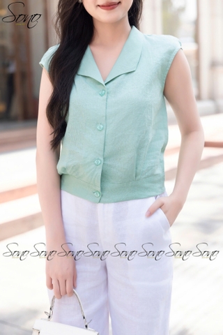 SONO - Áo linen cổ bẻ nút nhựa
