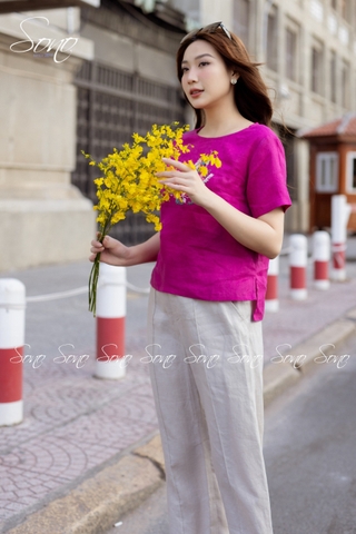 SONO - Áo linen tay ngắn thêu hoa vòng tròn