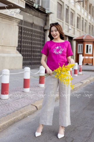 SONO - Áo linen tay ngắn thêu hoa vòng tròn