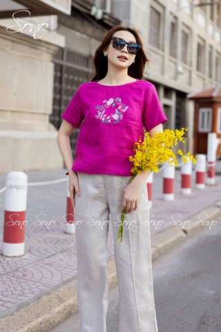 SONO - Áo linen tay ngắn thêu hoa vòng tròn