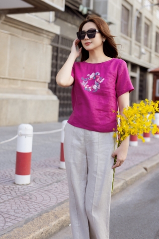 SONO - Áo linen tay ngắn thêu hoa vòng tròn
