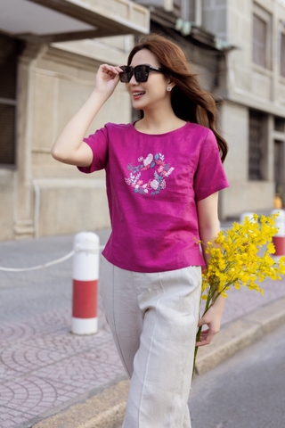 SONO - Áo linen tay ngắn thêu hoa vòng tròn