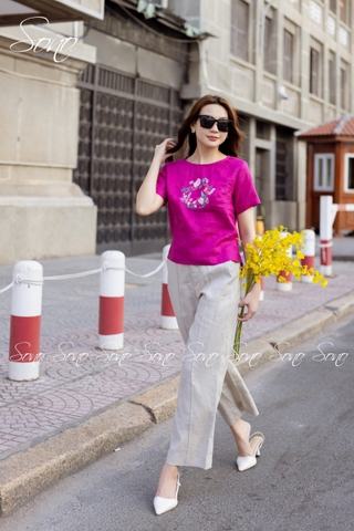 SONO - Áo linen tay ngắn thêu hoa vòng tròn