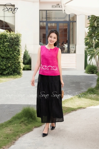 SONO - Áo sát nách linen thêu viền lai