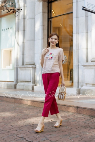 SONO - Áo linen tay ngắn thêu hoa vòng tròn