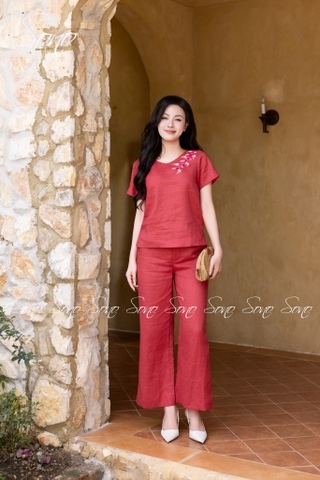 SONO - Bộ linen cổ tim thêu lá