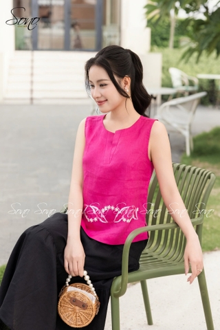 SONO - Áo sát nách linen thêu viền lai