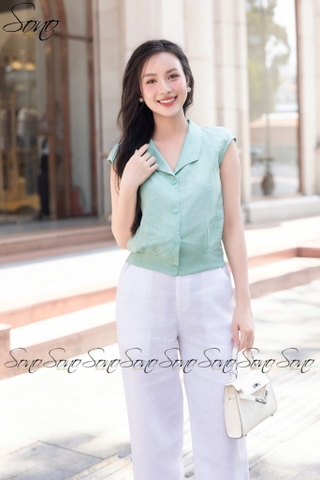 SONO - Áo linen cổ bẻ nút nhựa