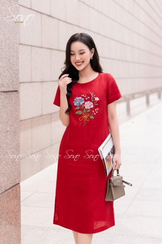 SONO - Đầm linen có tay thêu bó hoa tú cầu