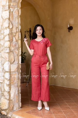 SONO - Bộ linen cổ tim thêu lá