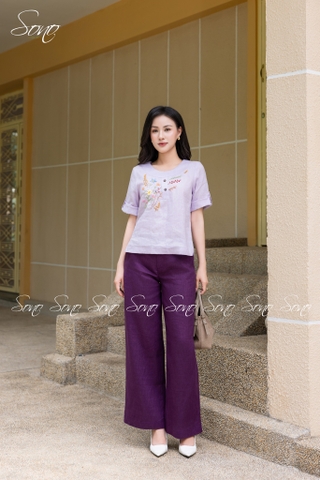 SONO - Áo linen cổ trứng tay lật lai