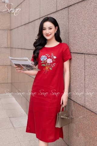 SONO - Đầm linen có tay thêu bó hoa tú cầu