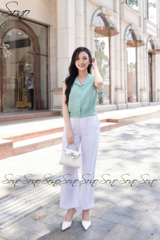 SONO - Áo linen cổ bẻ nút nhựa