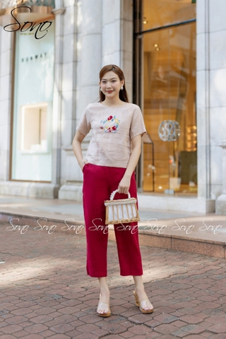 SONO - Áo linen tay ngắn thêu hoa vòng tròn