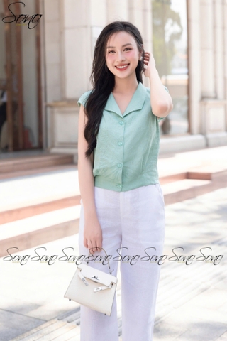 SONO - Áo linen cổ bẻ nút nhựa