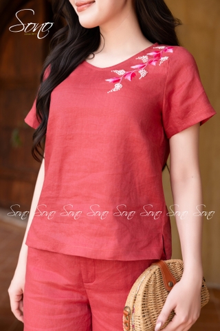 SONO - Bộ linen cổ tim thêu lá