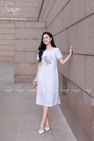 SONO - Đầm linen có tay thêu bó hoa tú cầu