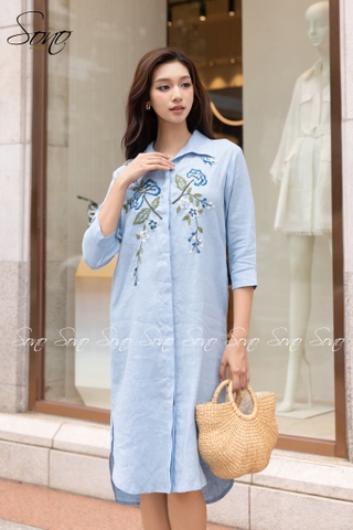 SONO - Đầm sơ mi linen thêu hoa mẫu đơn
