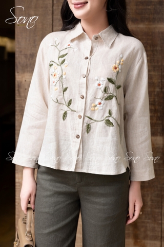 SONO - Áo sơ mi linen thêu hoa đối xứng