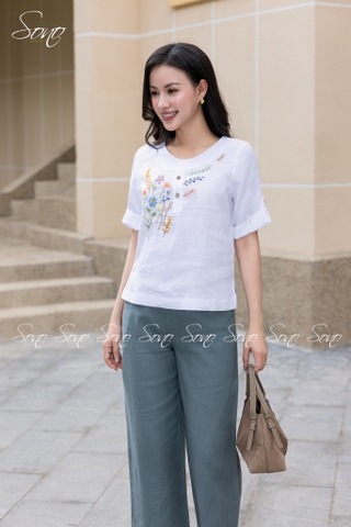 SONO - Áo linen cổ trứng tay lật lai