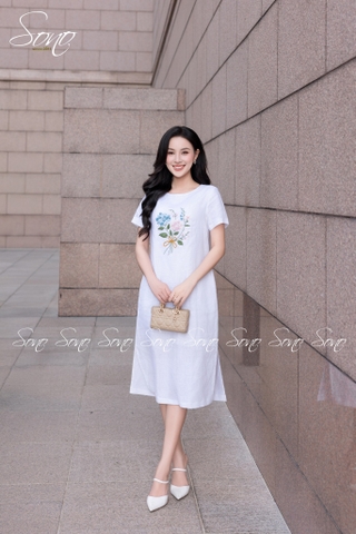 SONO - Đầm linen có tay thêu bó hoa tú cầu