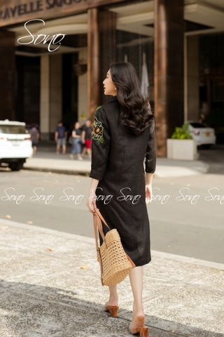 SONO - Đầm linen sơ mi thêu hoa vai