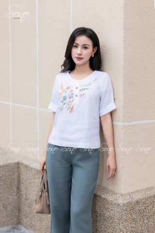 SONO - Áo linen cổ trứng tay lật lai