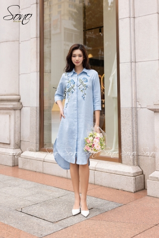 SONO - Đầm sơ mi linen thêu hoa mẫu đơn