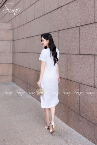 SONO - Đầm linen có tay thêu bó hoa tú cầu